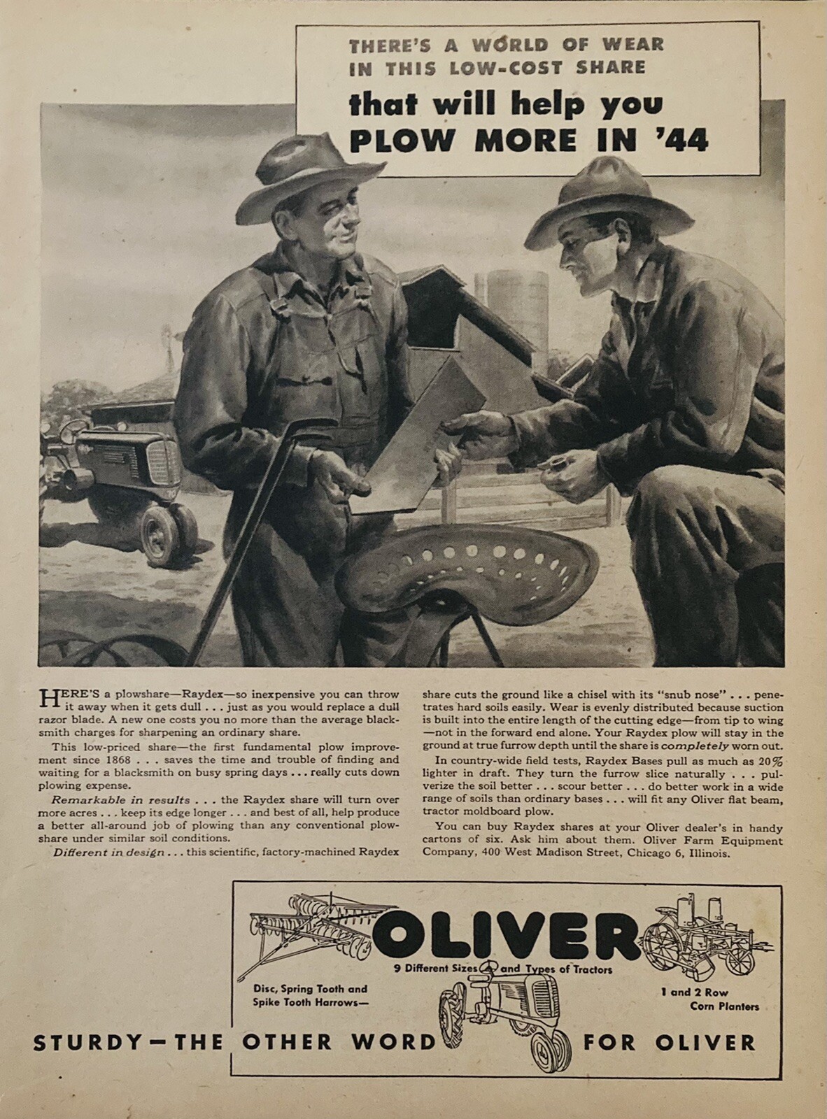 1944 AD(XH54)~OLIVER FARM EQUIPMENT CO. CHICAGO. OLIVER RAYDEX PLOW SHARES
