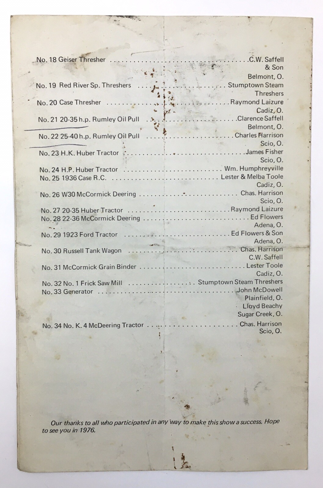 Stumptown Steam Threshers Association Annual Show Program 1975 Ohio Tractors
