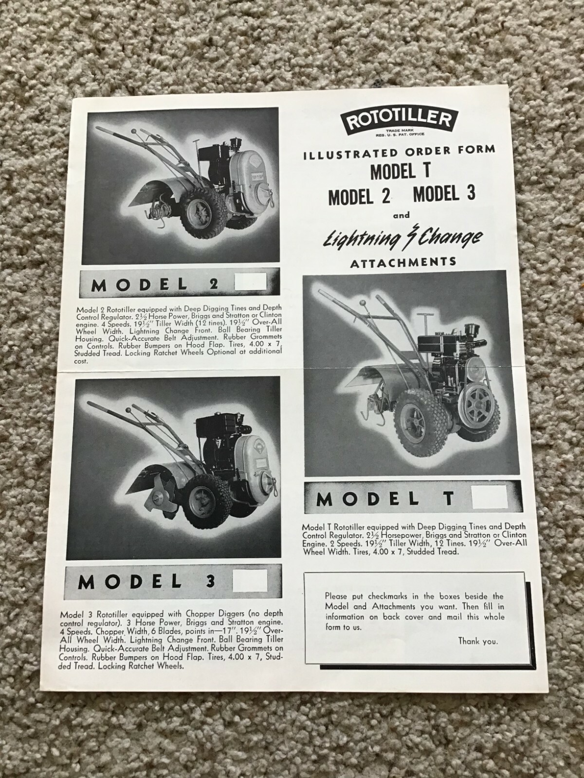 1956 Rototiller models 2 and 3, model T order form.