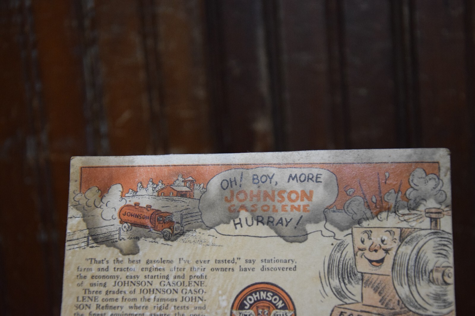 JOHNSON TIME TELLS GASOLINE FARM ENGINE TRACTOR GRAIN MILL DISPLAY SIGN FARMING