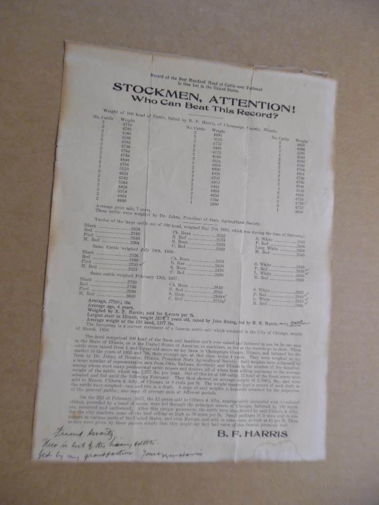 c.1875 B.F. Harris Cattle Breeder Promo Broadside Champaign Illinois Chicago