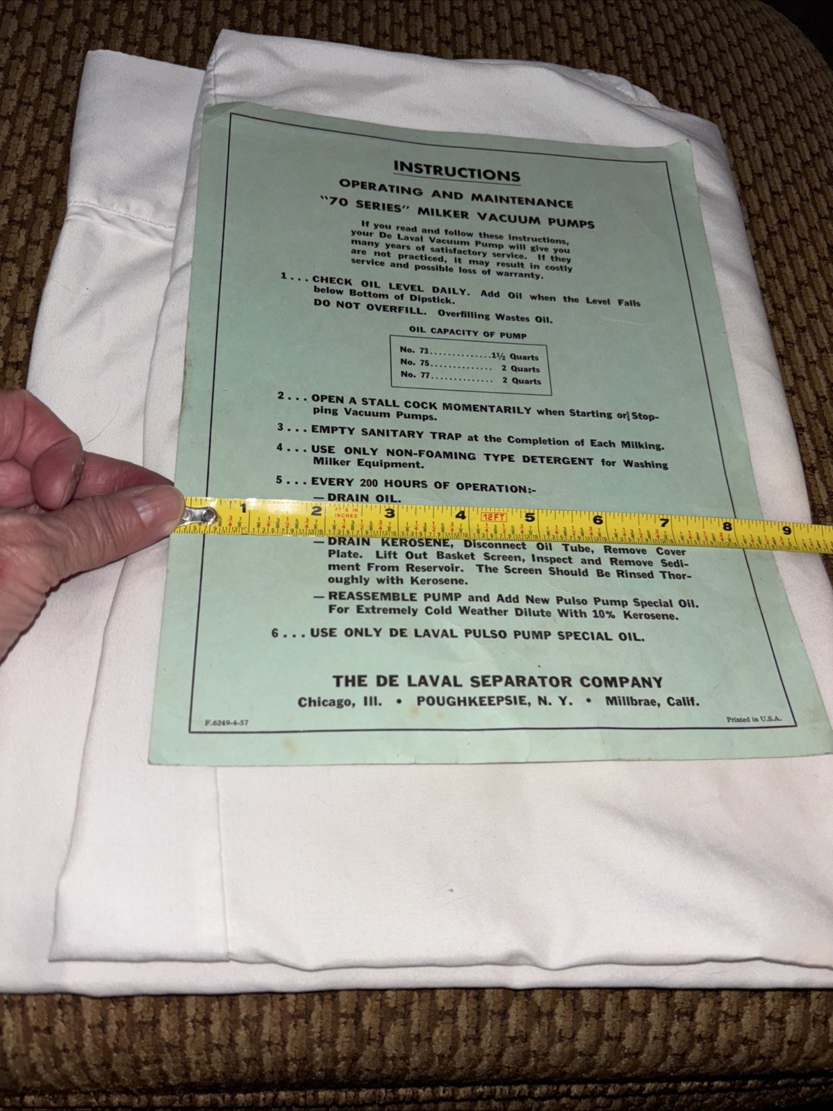 1957 The De Laval Separator Company”70 Series” Miller Vacuum Pumps Manual Pump