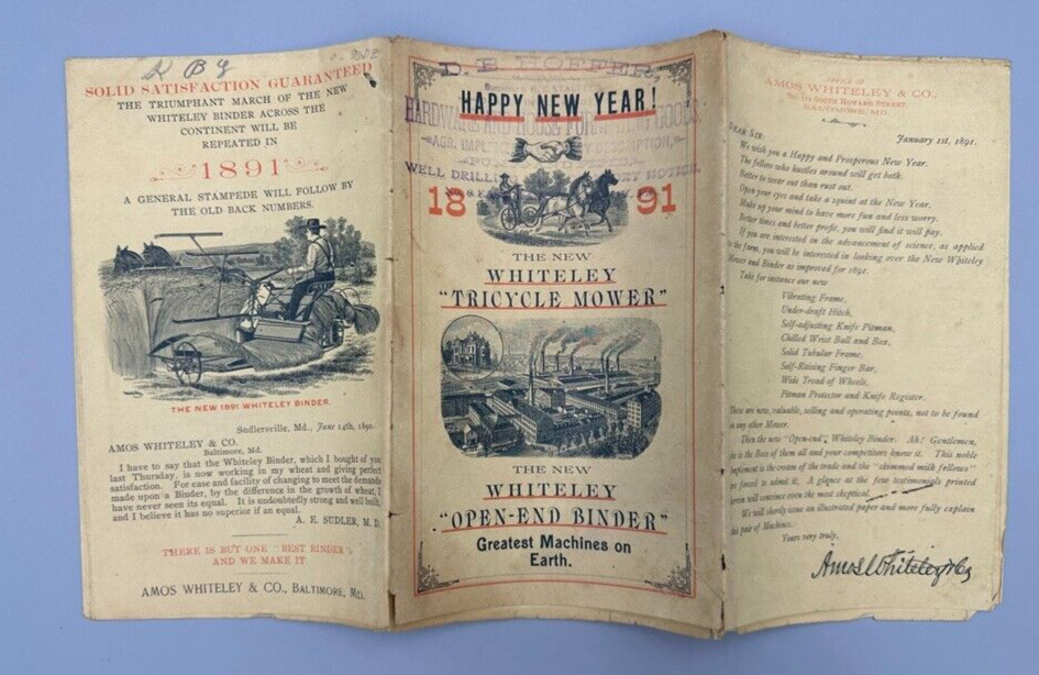 1891 Amos WHITELEY Farm HARVESTING MACHINES Mower Binder Advertising Circular
