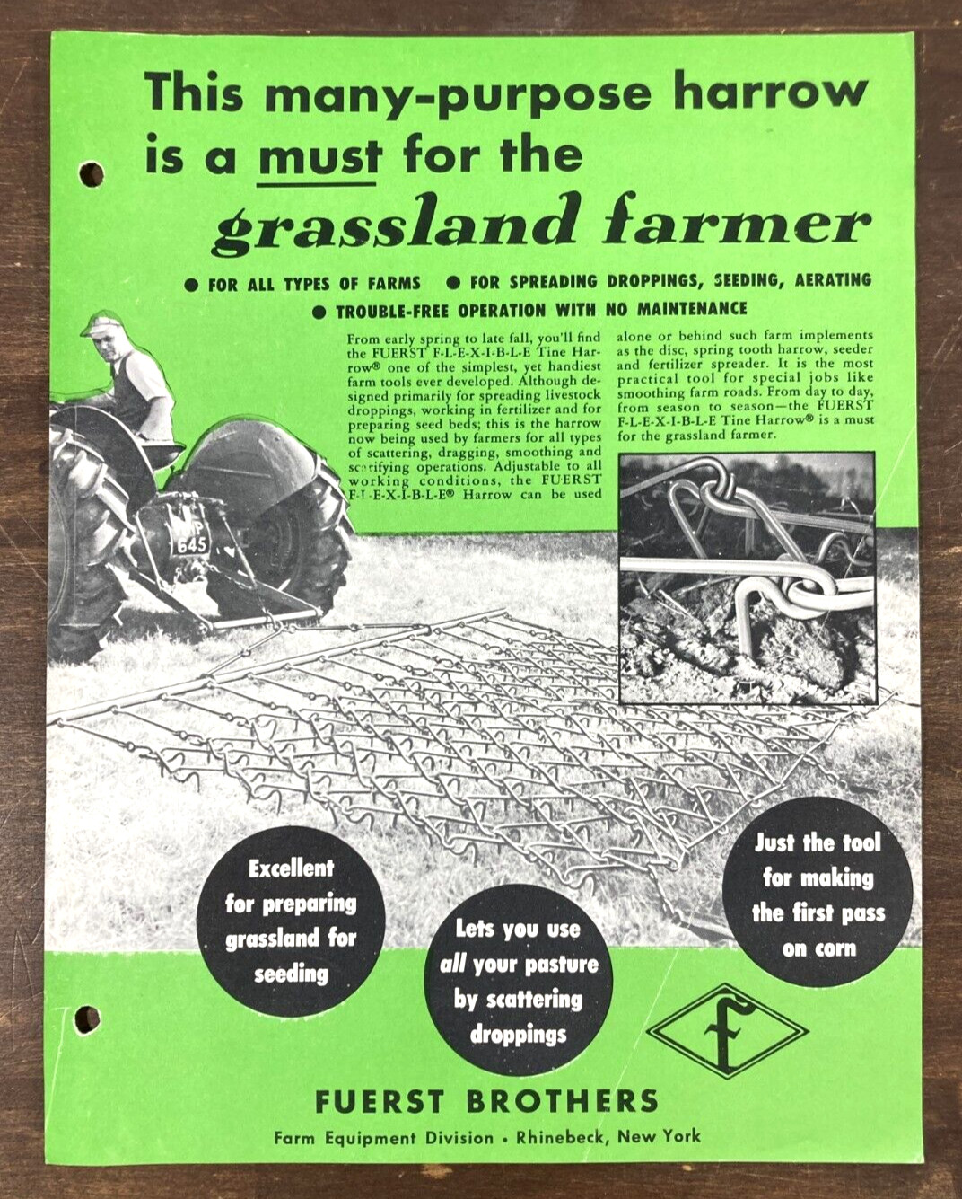 Fuerst Brothers Flexible Tine Harrows 1956 Sales Sheet Ad Brochure Rhinebeck NY