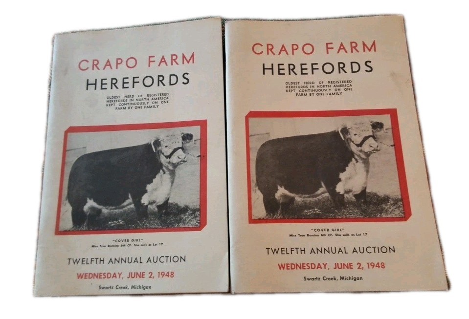 Pair 2 Vintage Crapo Farm Herefords Auction Sale Catalogs Swartz Creek Michigan