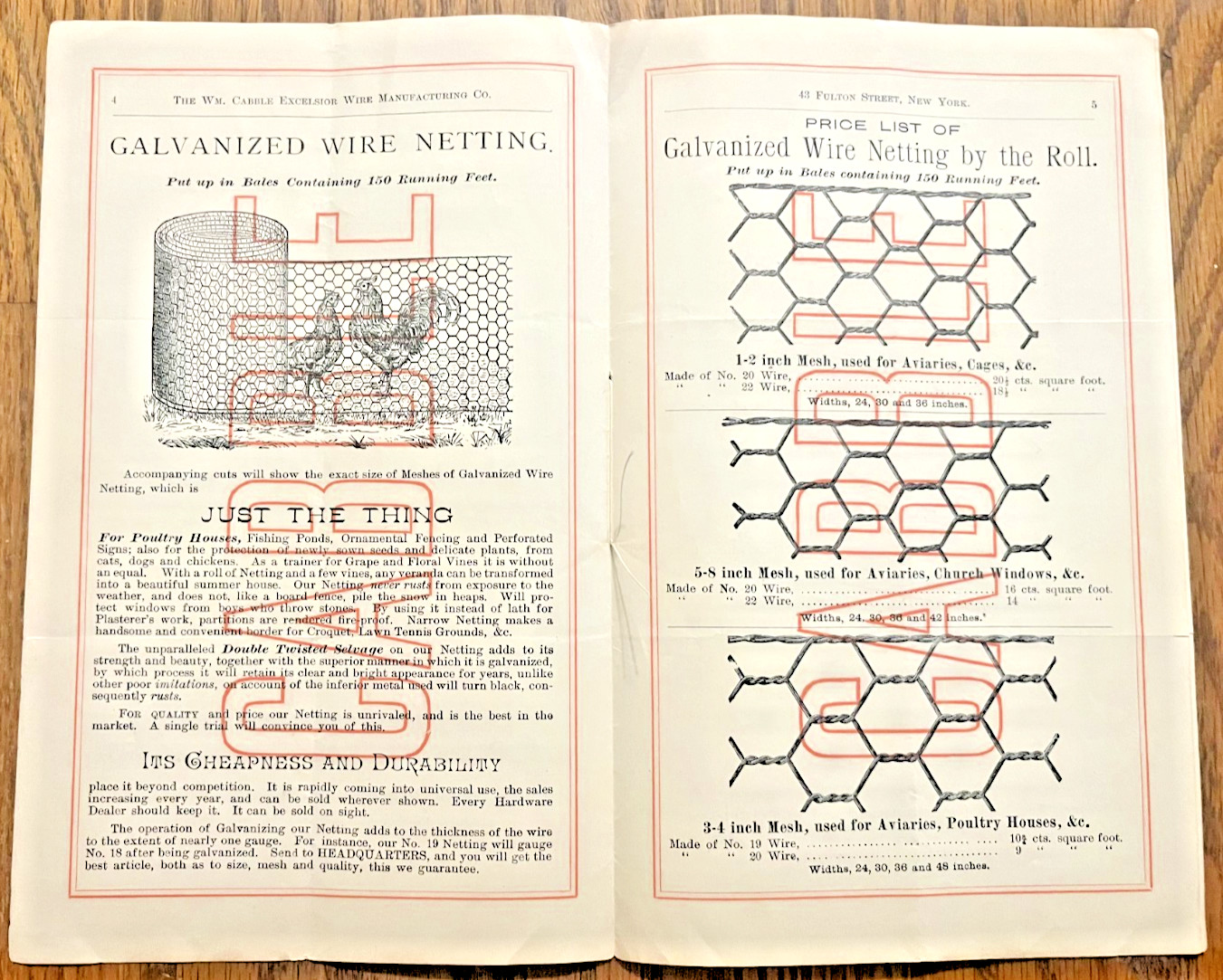 Wm Cabble Excelsior Wire Company NYC catalog 38 illustrated 1880-90 woven fence