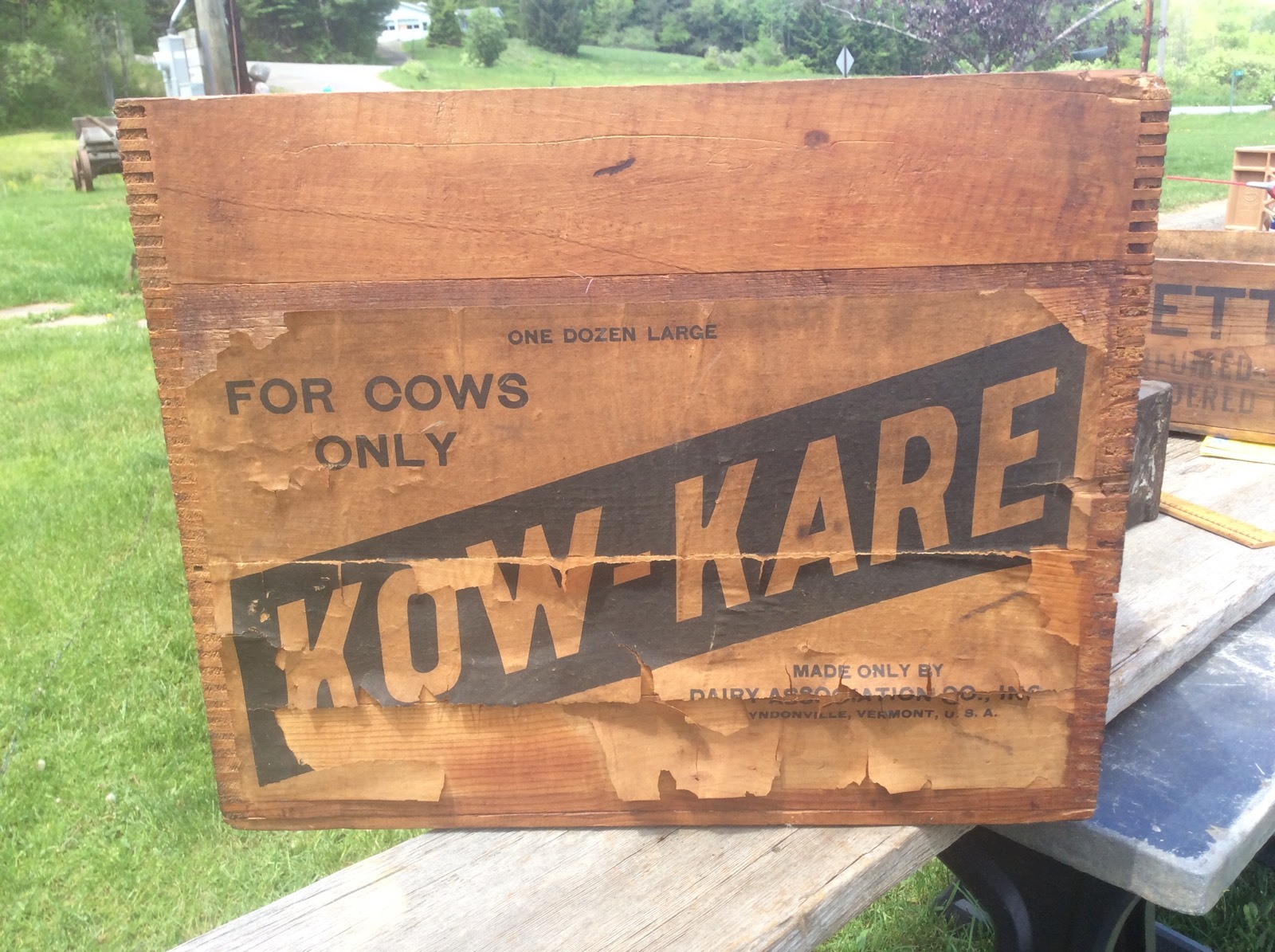 Antique Dovetail Kow-Kare Advertising Wood Box , Paper Label , Shabby, Farm