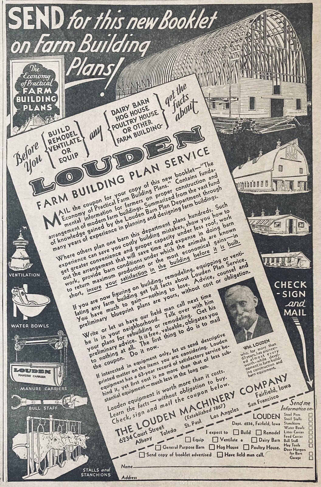 1931 AD.(XH35)~LOUDEN MACHINERY CO. FAIRFIELD, IOWA. FARM BUILDING PLAN SERVICE