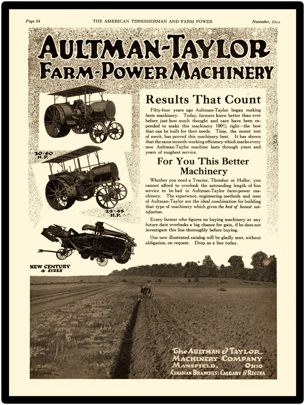 1919 Aultman-Taylor Farm Machinery New Metal Sign: 30-60, 22-45, New Century