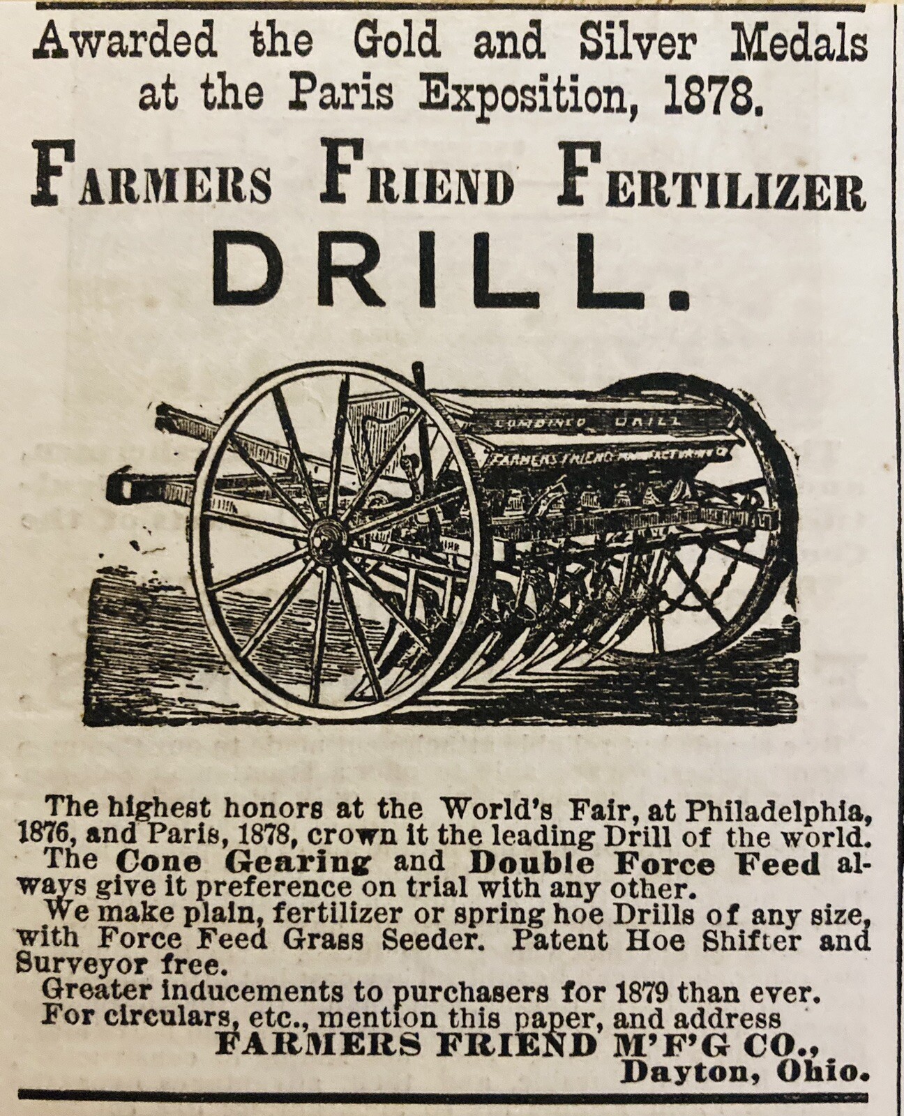 1879 AD.(XH71)~FARMERS FRIEND MFG. CO. DAYTON,O. FARMERS FRIEND FERTILIZER DRILL