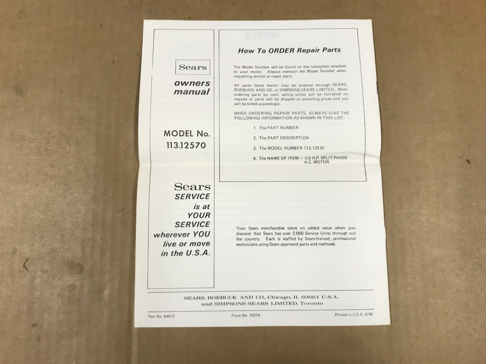 Vintage Sears Model 113.12570 Craftsman 1/3 HP Split-Phase AC Motor Manual