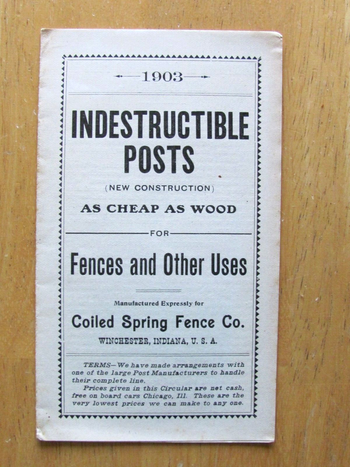1903 PAMPHLET COILED SPRING FENCE WINCHESTER INDIANA INDESTRUCTIBLE POSTS FARM