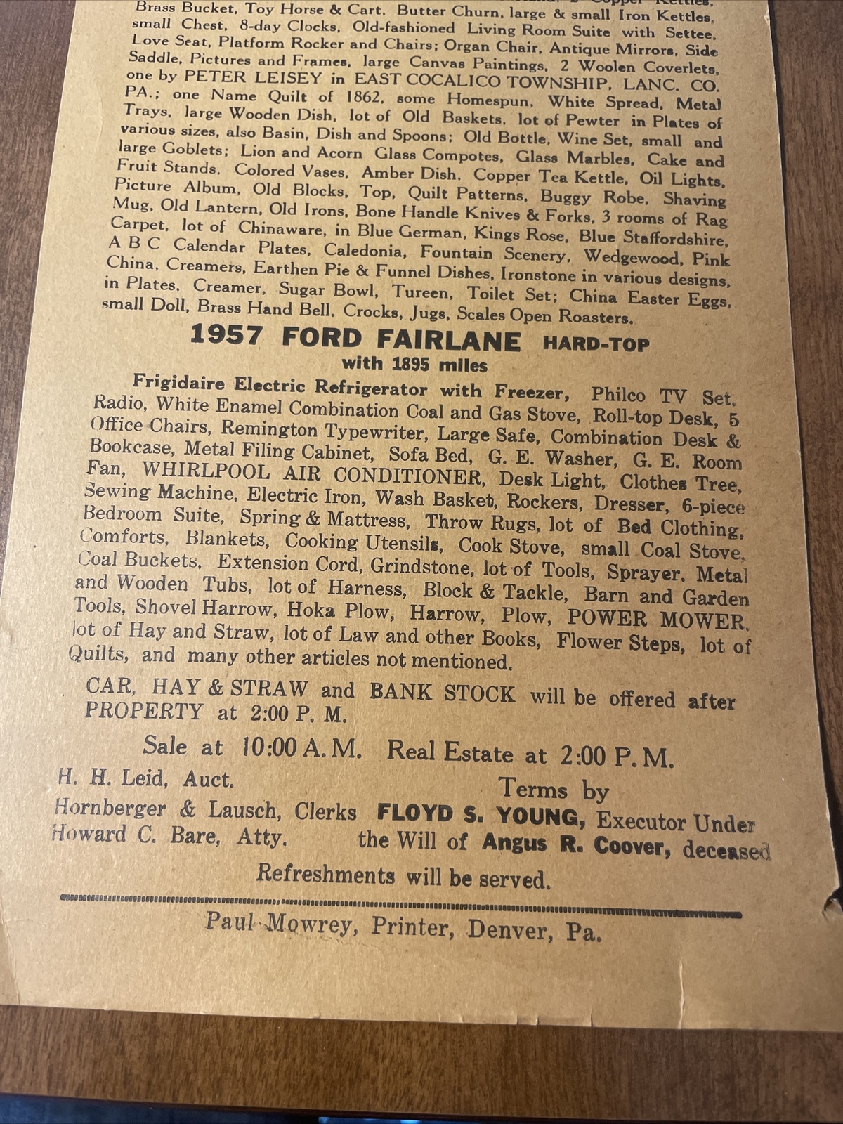 Public Sale Broadside Auction 1957 Bill FORD FAIRLANE BANK STOCK MORE