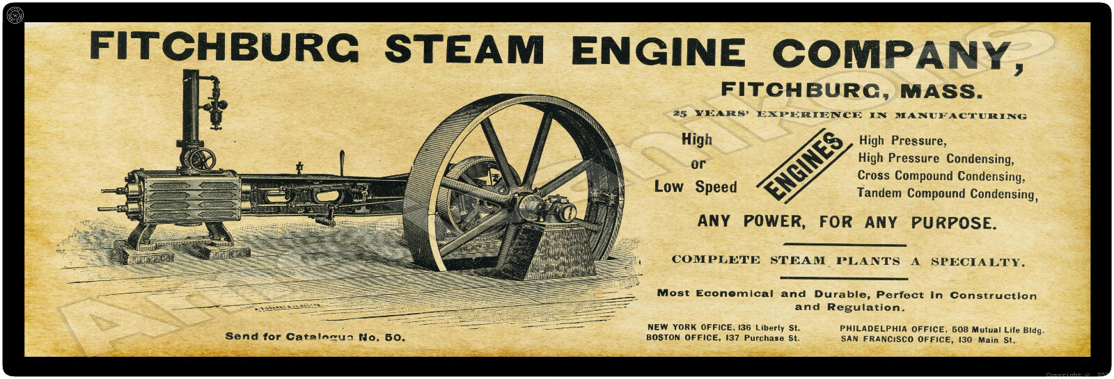 1895 Fitchburg Steam Engines New Metal Sign: Steam Power Plants – 6&Prime; x 18&Prime;