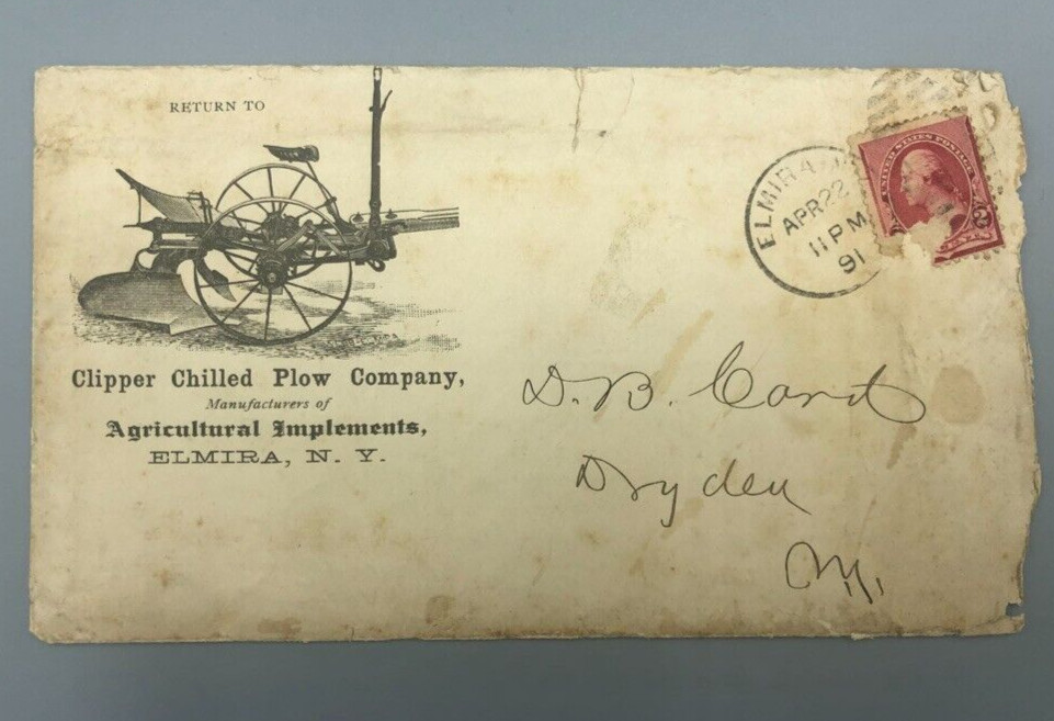 1891 CLIPPER CHILLED PLOW – ELMIRA NY Illustrated Postal Cover Farm Advertising