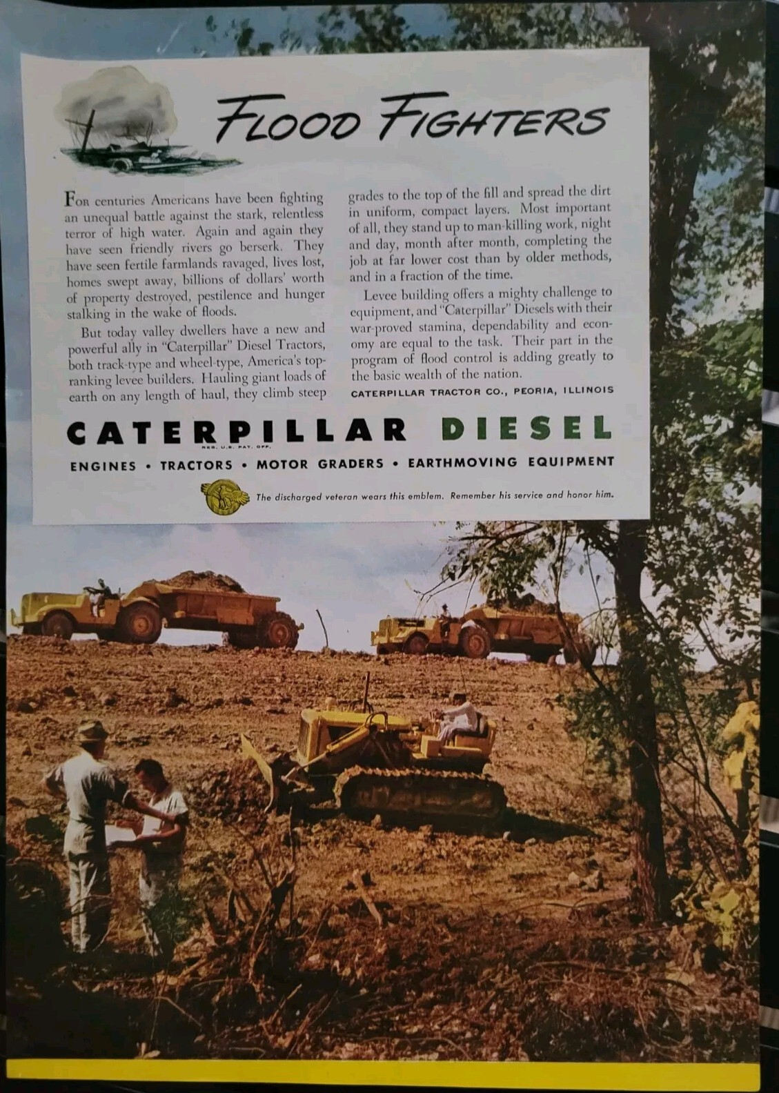 Vintage Caterpillar Diesel Tractors equipment flood fighters ad