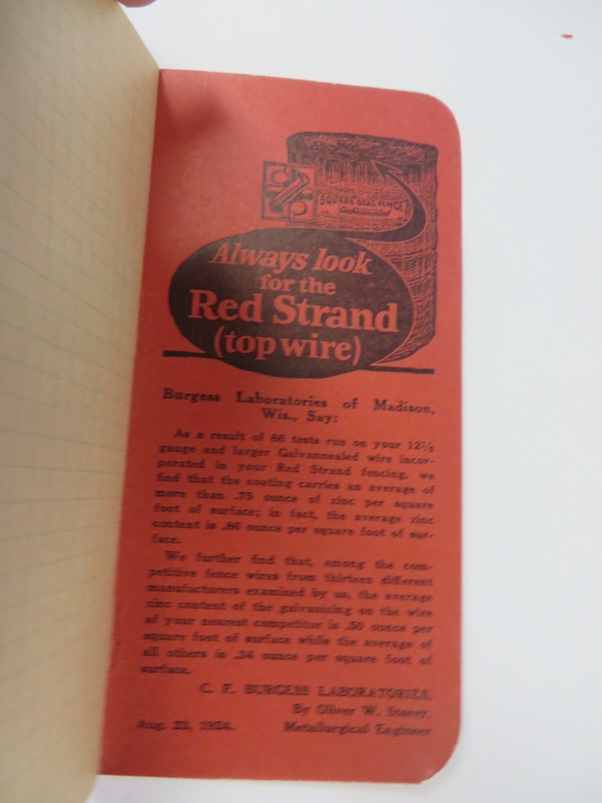 Vtg 1924 Red Strand Fence KEYSTONE STEEL & WIRE CO. Pocket Ledger Advertising