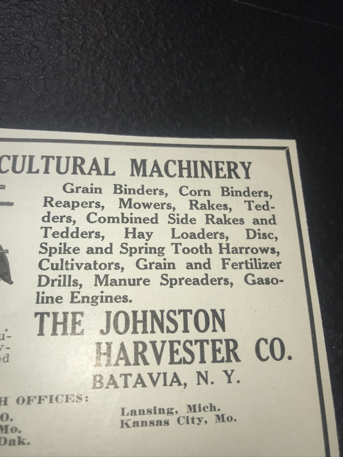 1916 Johnston Harvester Co. Farm Advertising – Batavia – New York