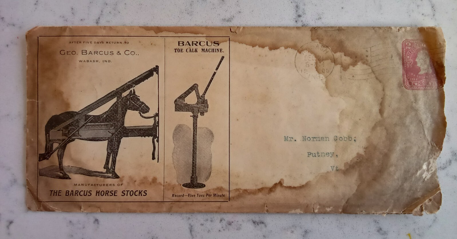 ANTIQUE AGRICULTURAL ADVERTISING ENVELOPE LETTERHEAD GEO BARCUS CO HORSE STOCKS