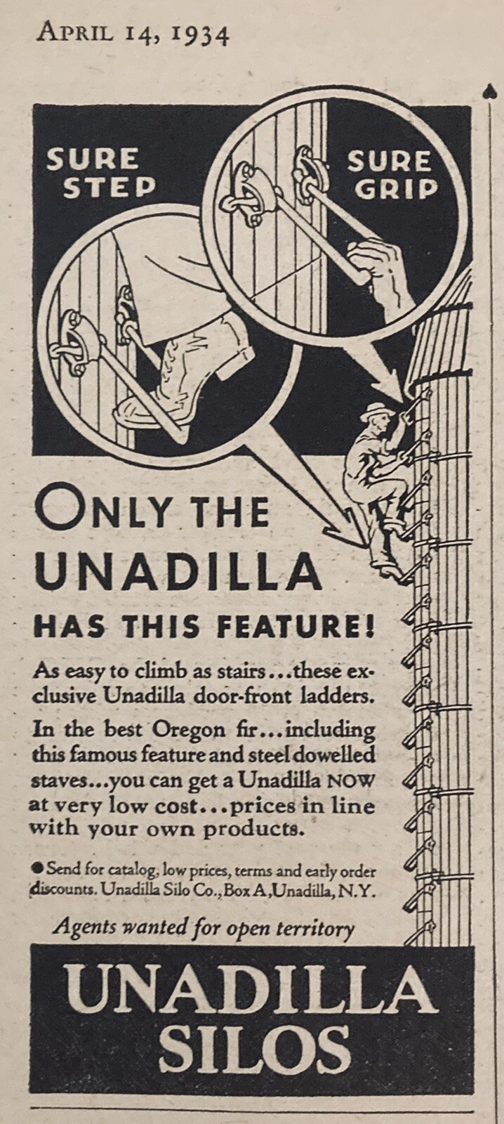 1934 AD.(XH51)~UNADILLA SILO CO. UNADILLA, NY. SILOS WITH EXTERIOR LADDERS