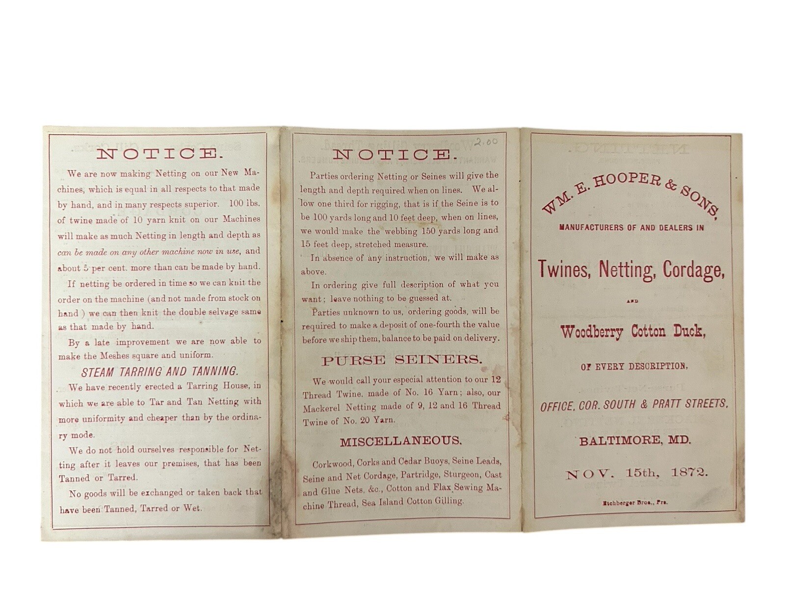 1872 WM E Hooper Sons Twines Netting Cordage Advertising Brochure