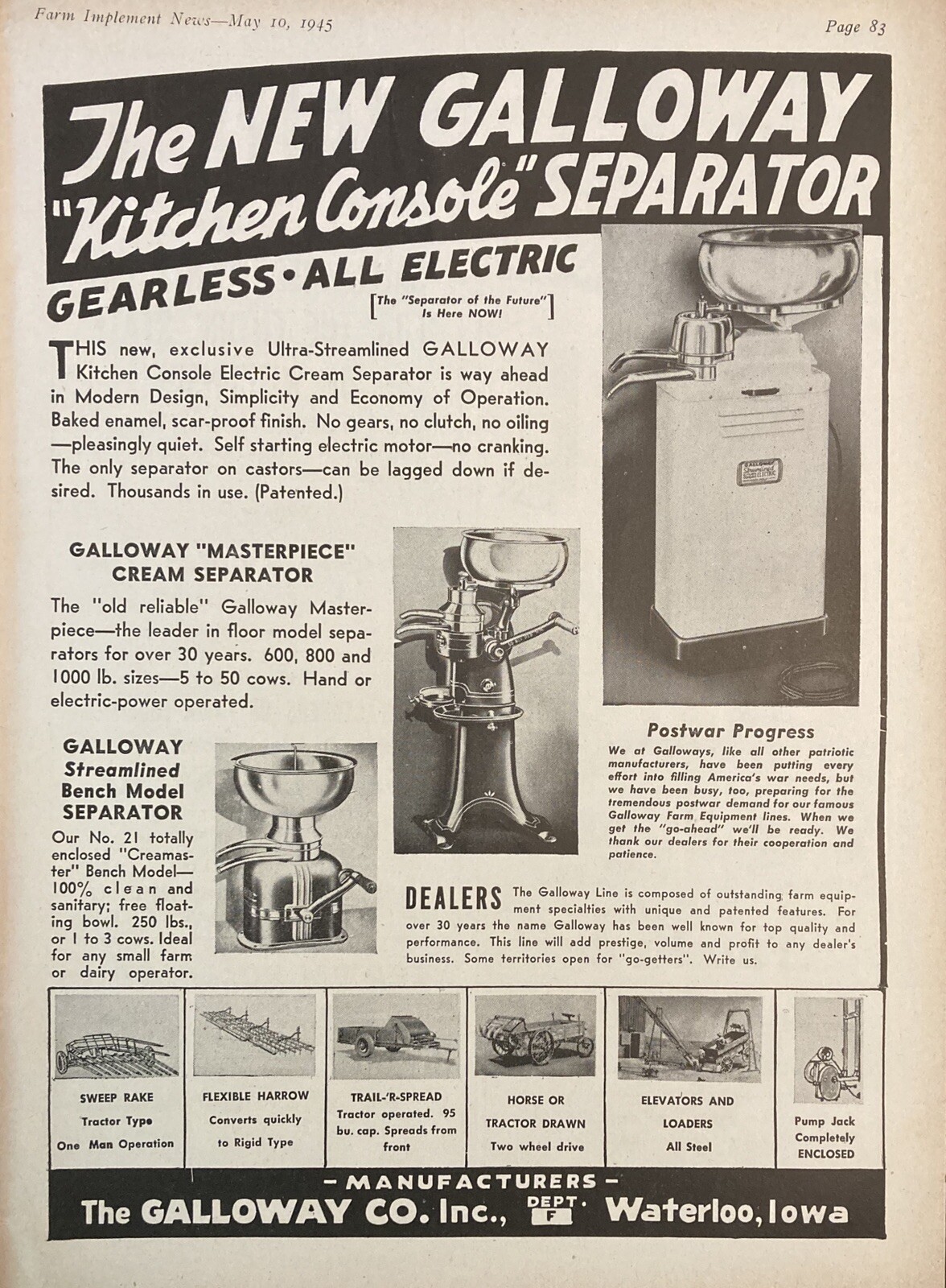 1945 AD.(XF21)~GALLOWAY MFG. CO. WATERLOO, IOWA. ELECTRIC CREAM SEPARATOR