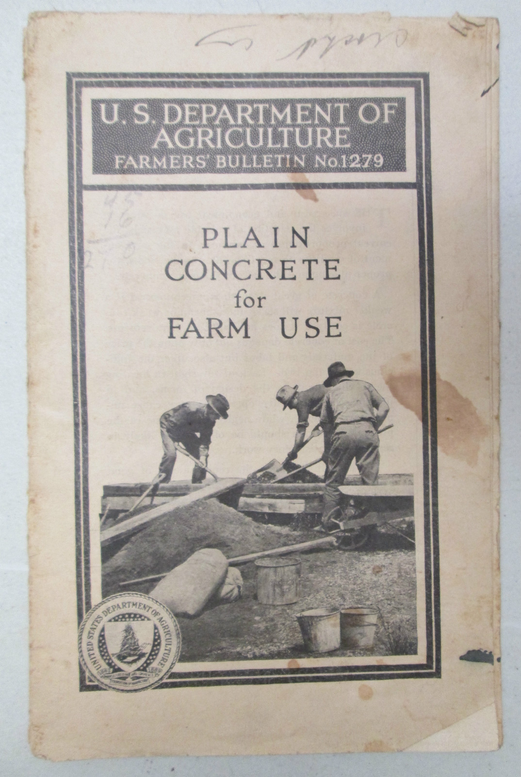 1926 US Department of Agriculture Farmers Bulletin No1279 Concrete For Farm Use