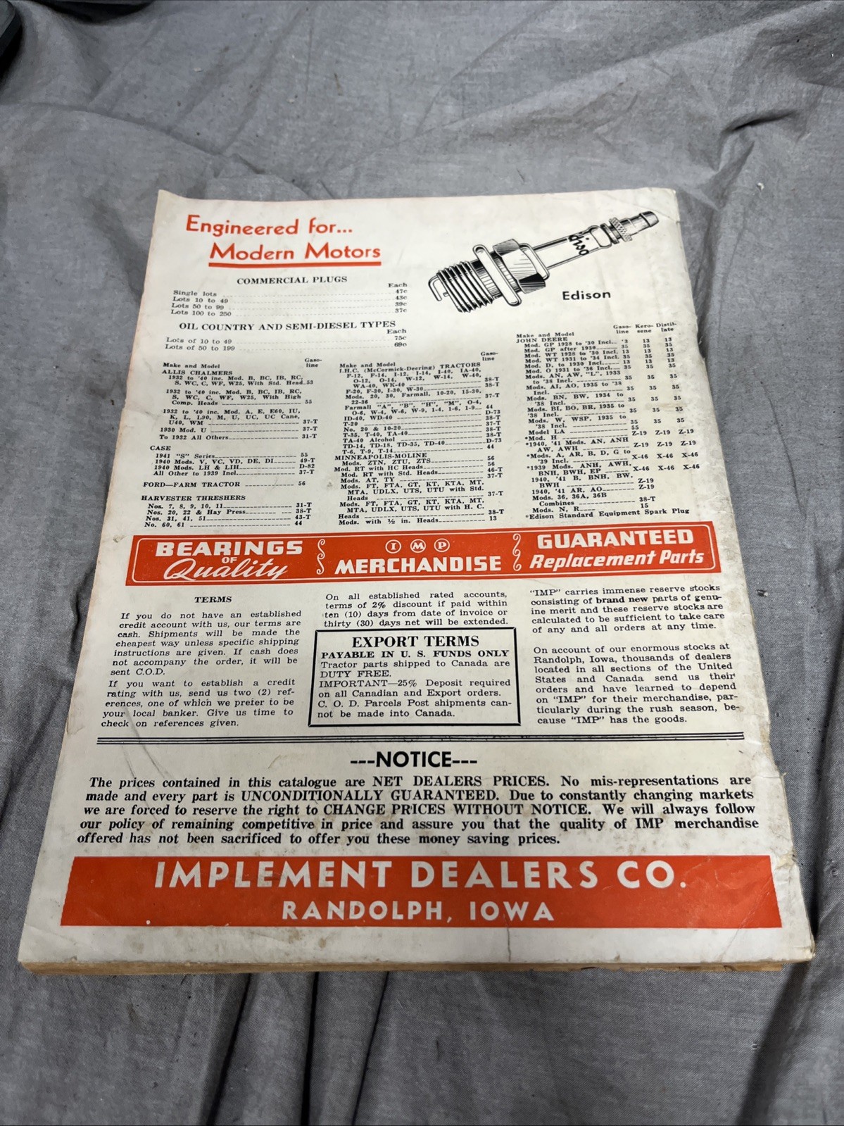 VTG 1943 Implement Dealers Co. Catalog RANDOLPH IA Tractor Truck Parts DEVIL IMP