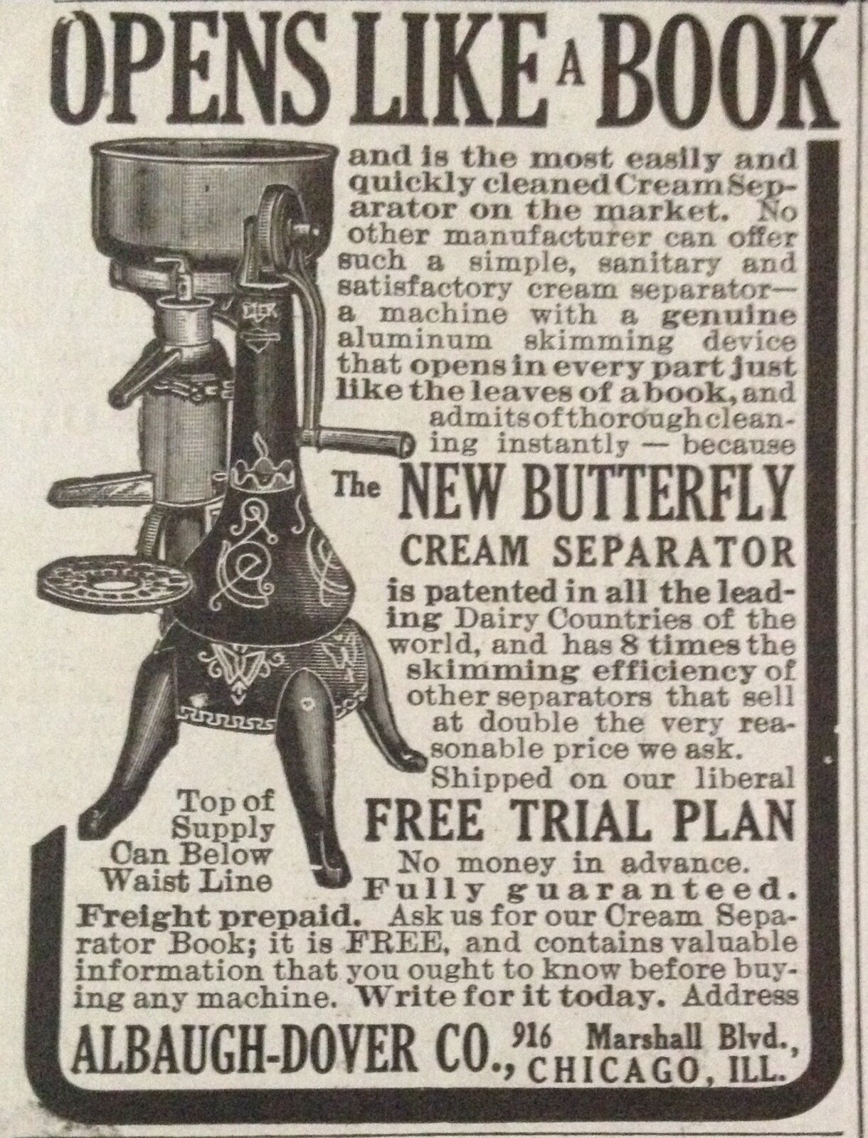 1909 AD(XF4)~ALBAUGH-DOVER CO. CHICAGO. NEW BUTTERFLY CREAM SEPARATOR