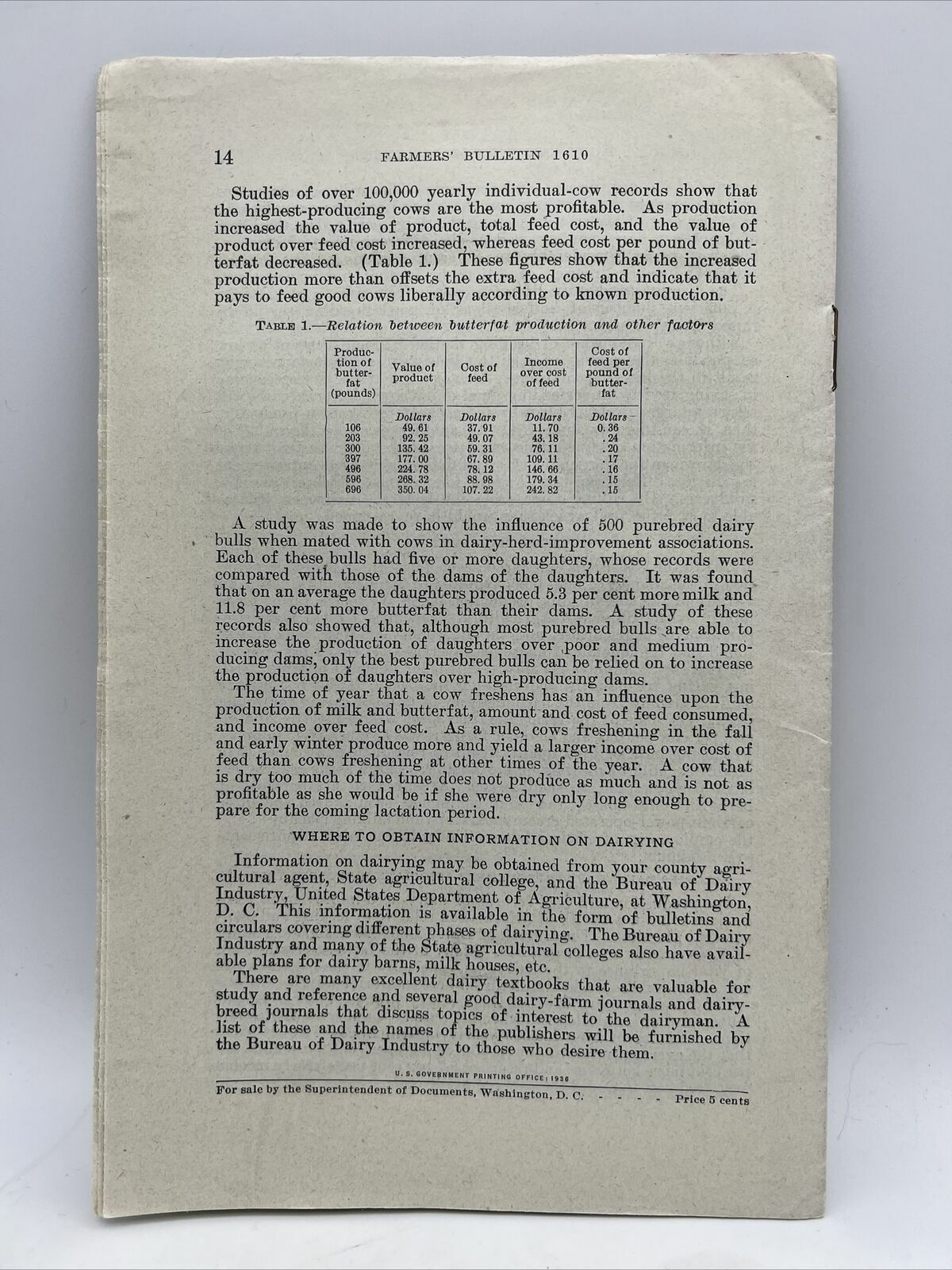 1936 USDA Farmers Bulletin No 1610 DAIRY FARMING FOR BEGINNERS by J.B. Shepherd