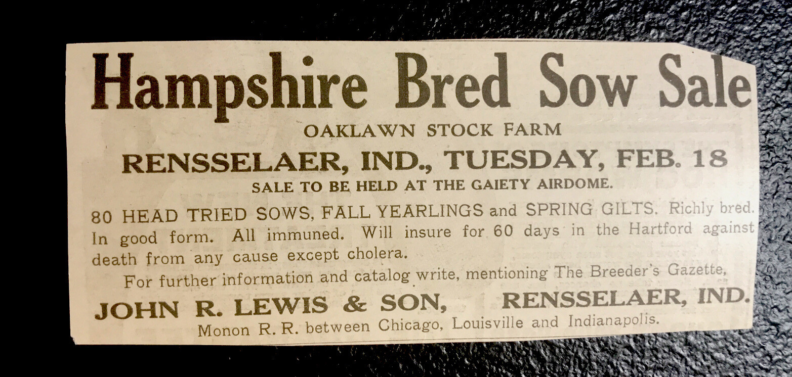 1919 John R. Lewis Hog Public Sale – Rensselaer – Indiana – Pig Advertising
