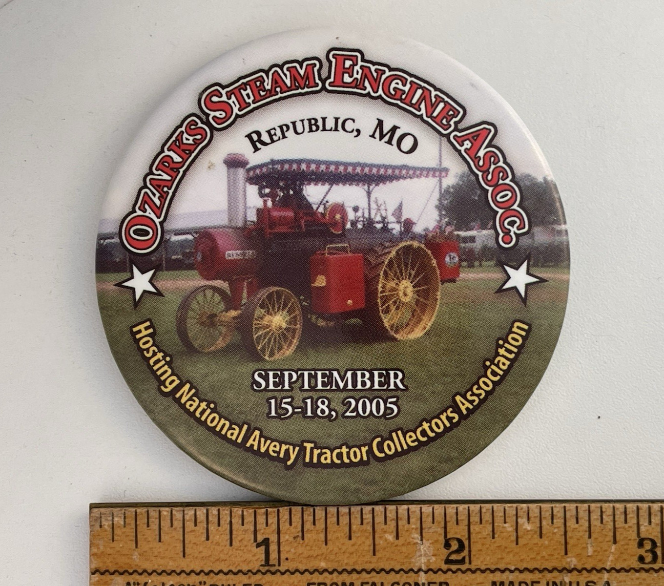 Vintage 2005 Ozarks Steam Engine & Avery Tractor Show Pinback Button