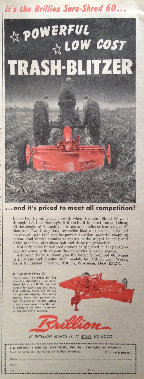 1958 AD(XF3)~BRILLION IRON WORKS, BRILLION, WISC. BRILLION SURE-SHRED 90 BLITZER