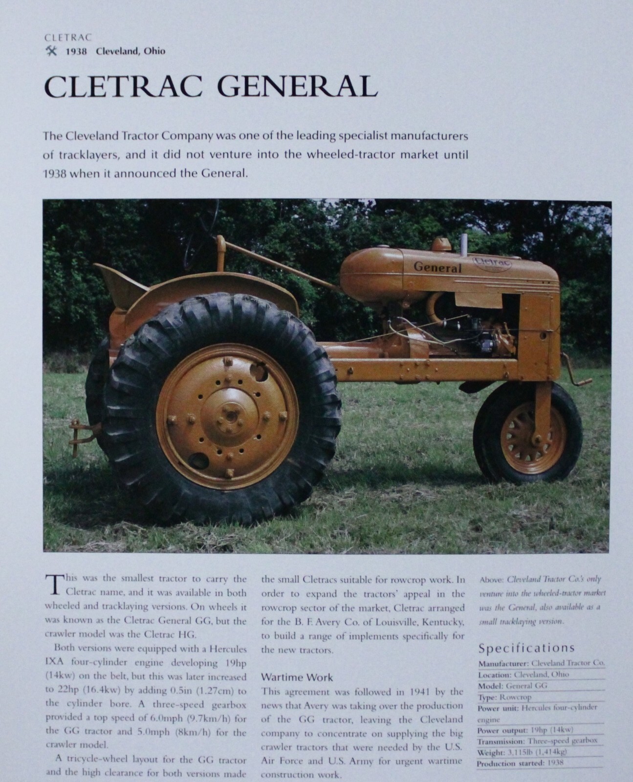 Cleveland Cletrac Tractor Picture Info Article Sheet Out of Print Farm Wall Art