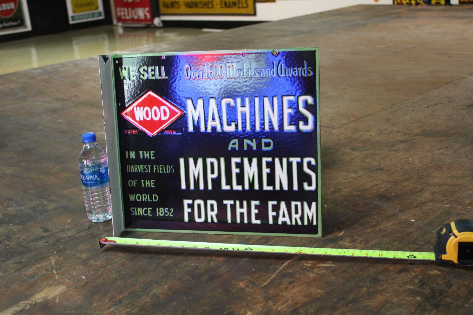 WOOD MACHINES AND IMPLEMENTS FARM DEALER 2-SIDED PORCELAIN METAL SIGN SEED FEED