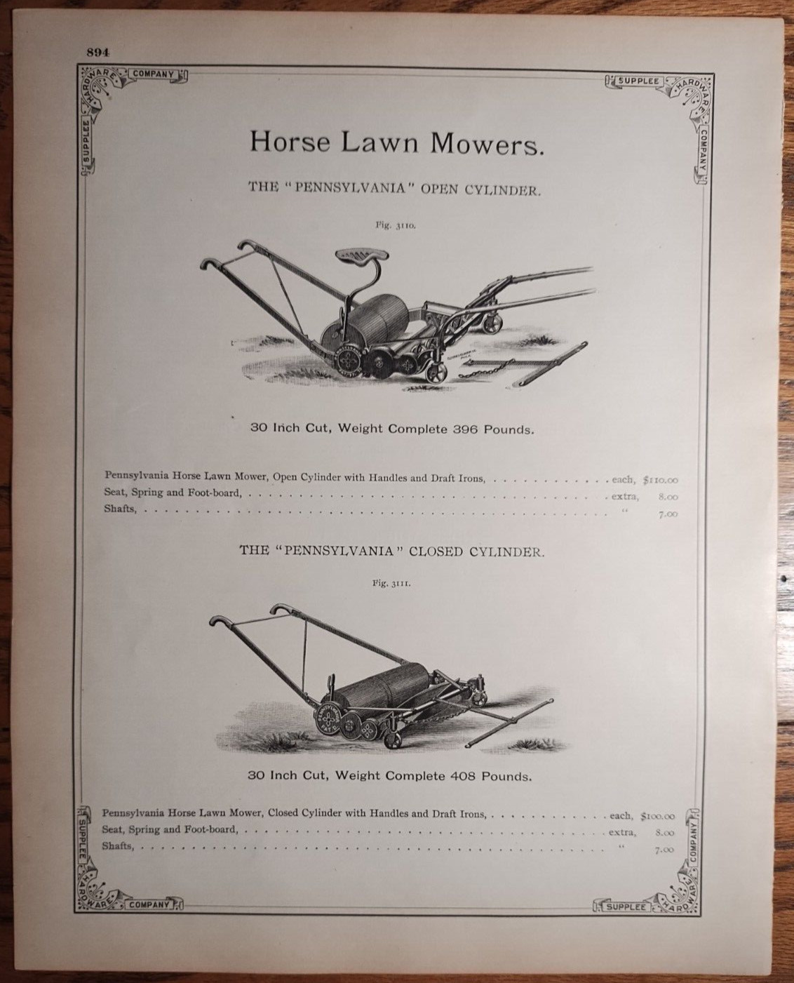 (4) 1893 Pennsylvania Reel Lawn Mowers Print Ads Catalog Pages Original AD-31