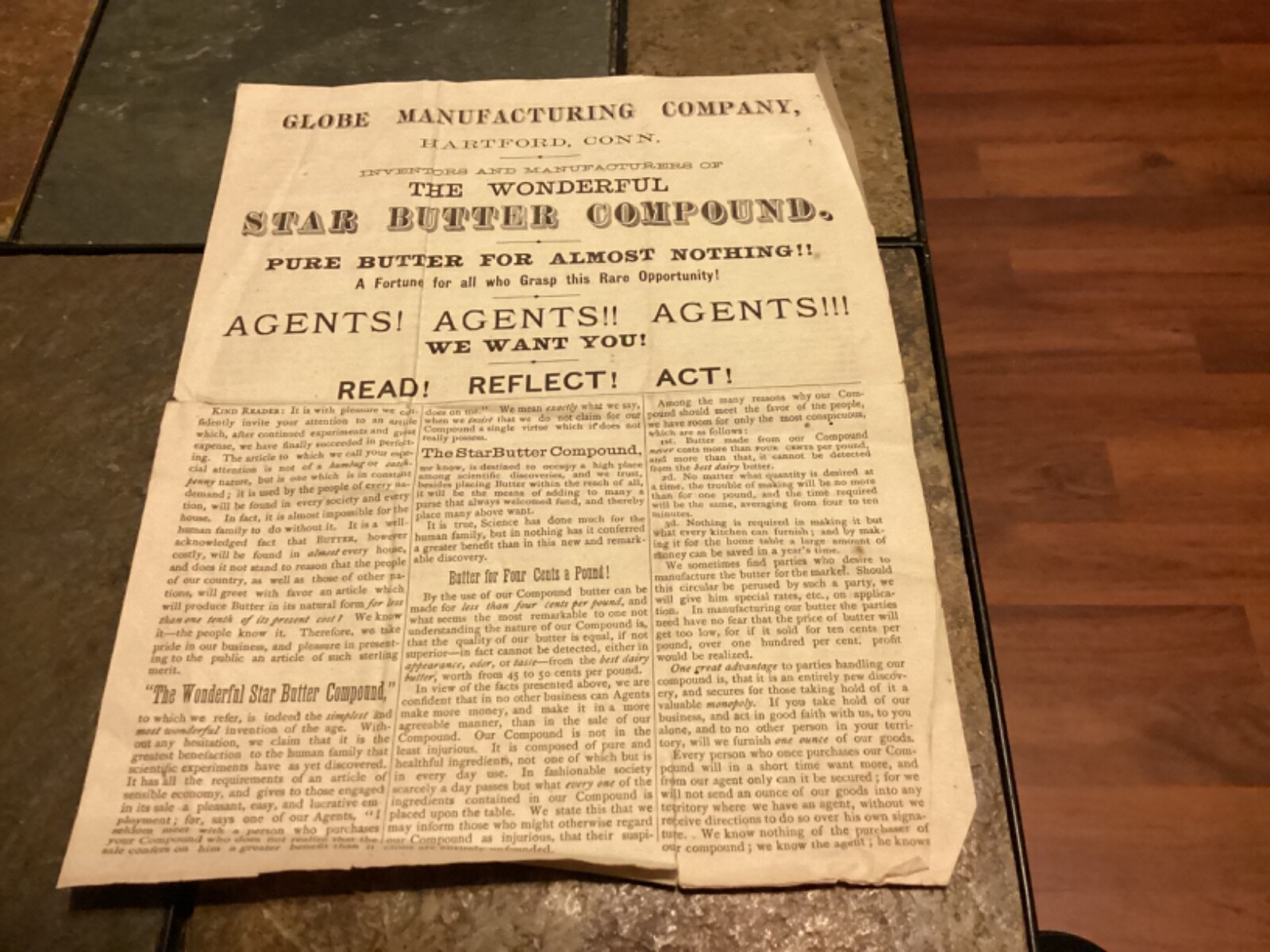 1800s Globe Manufacturing Co, Hartford, « Star Butter Compound » Flyer / Pricelist