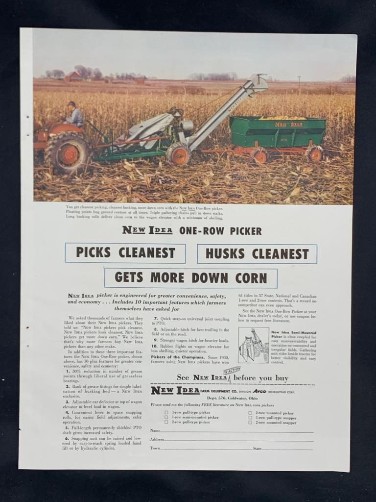 Magazine Ad* – 1958 – New Idea Farm Machinery – Coldwater, OH – one row picker