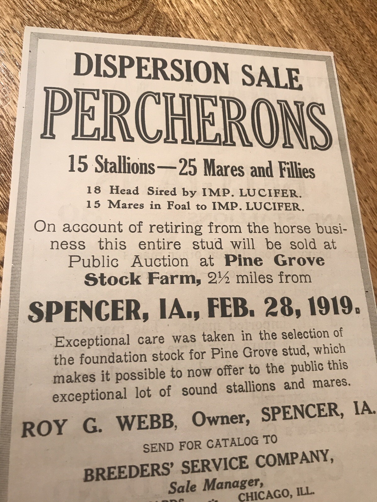 1919 Horse Public Sale – Spencer – Iowa – Farm Advertising