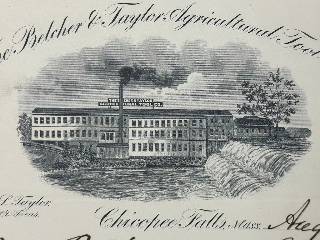 1889 BELCHER & TAYLOR Agricultural Tool FARM Stamp Letterhead CHICOPEE FALLS MA