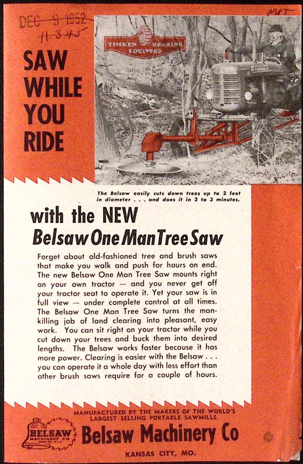 1952 Belsaw Machinery Co One Man Tree Saw Timken Bearing Equipped Brochure