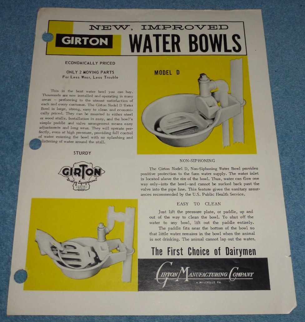 Vintage Girton Dairy Equipment Mfg Co Water Bowls Brochure Sheet Parts List
