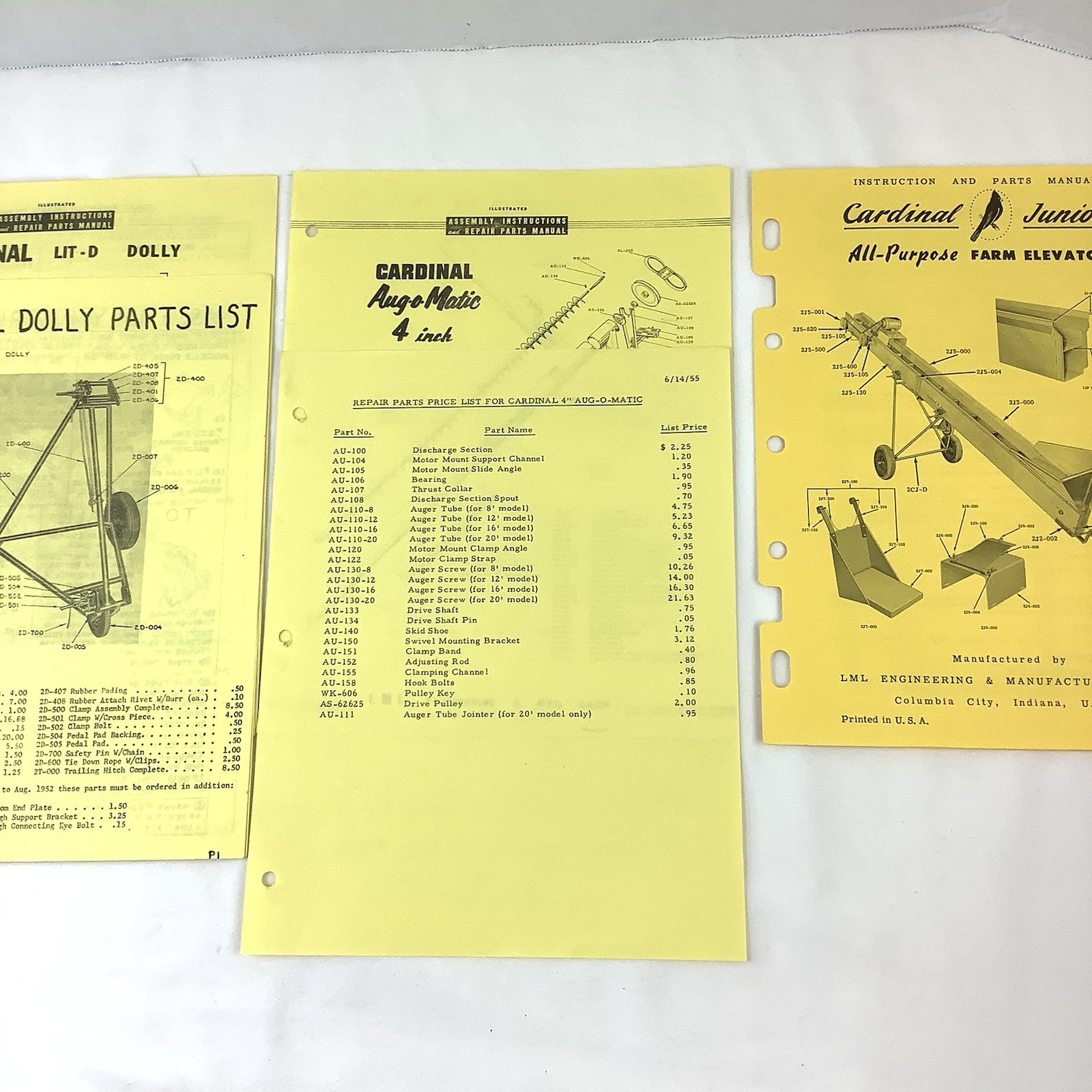 Cardinal Manufacturing Indiana 1955 Brochures Assembly Instructions Parts Lists