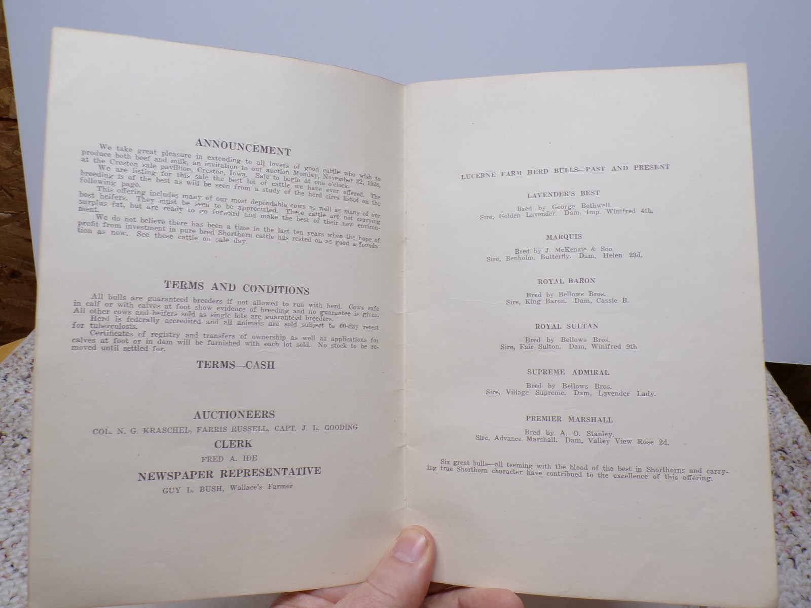 1926 Draft Sale Shorthorns Lucerne Farm Bliss Bros Diagonal Creston Iowa FAMILY?