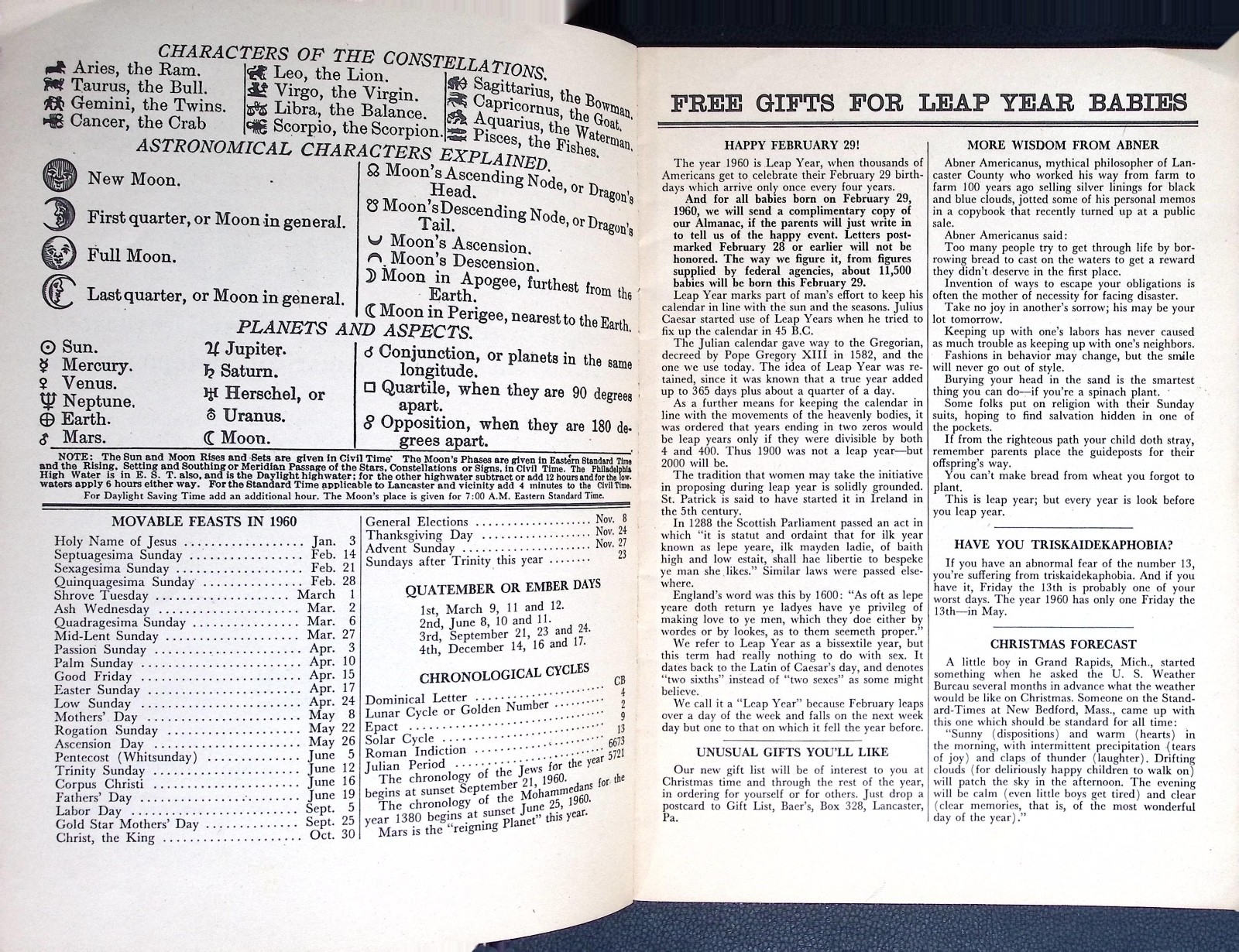 1960 John Baer’s Sons Agricultural Almanac Lancaster Pennsylvania 135th Volume