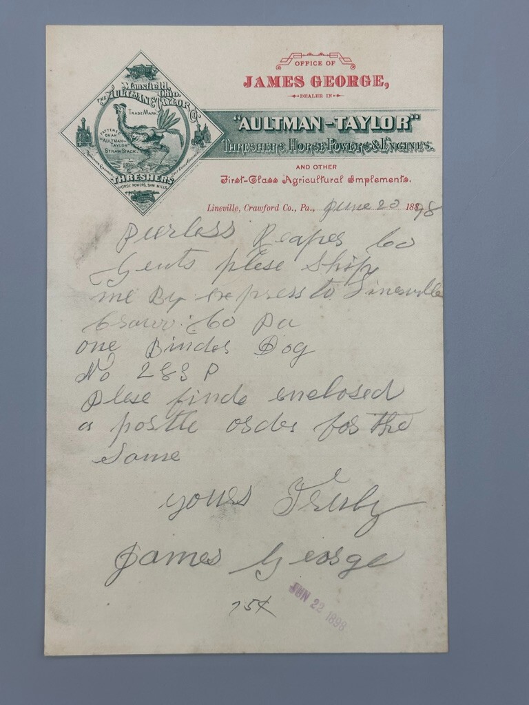 1898 AULTMAN TAYLOR THRESHER Antique FARM Advertise Letter LINEVILLE PA Crawford
