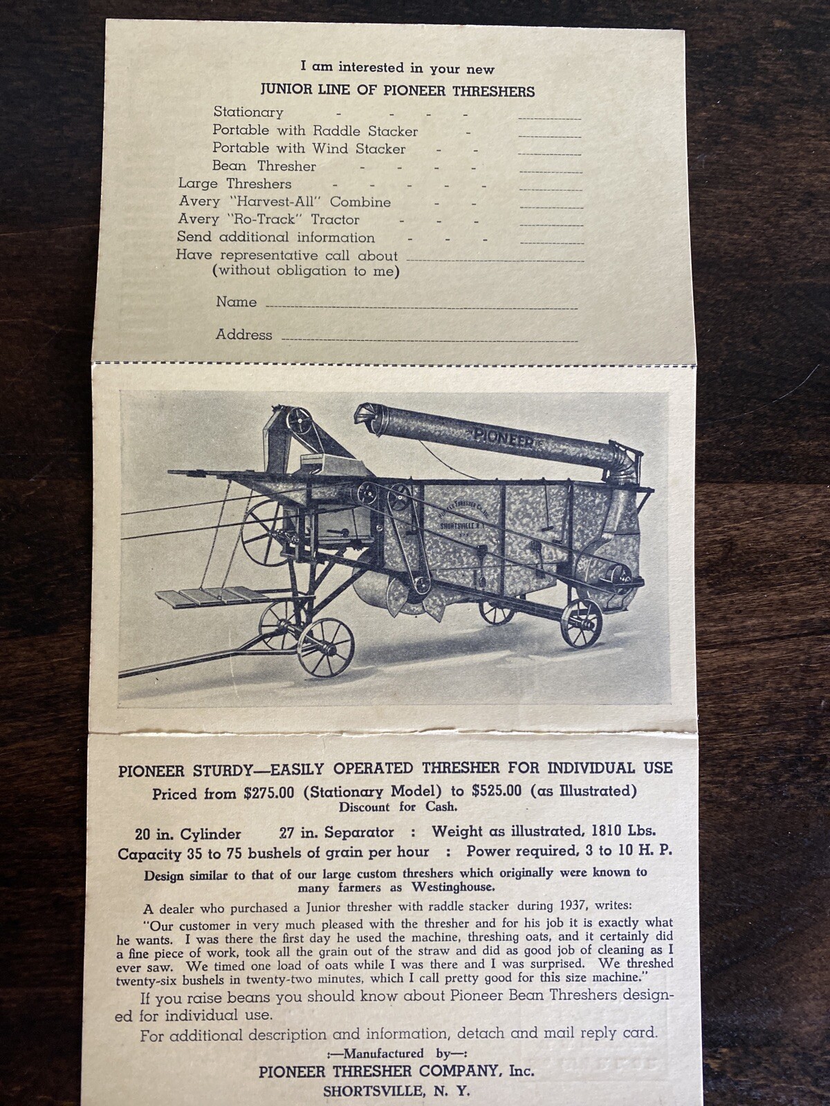 Vintage Advertisement Pioneer Grain Thresher 1930s Brochure Reply Card
