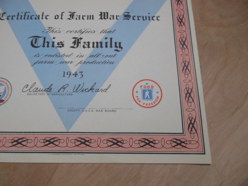 1943 Farm War Service Certificate WWII Food For Freedom Home Front Original