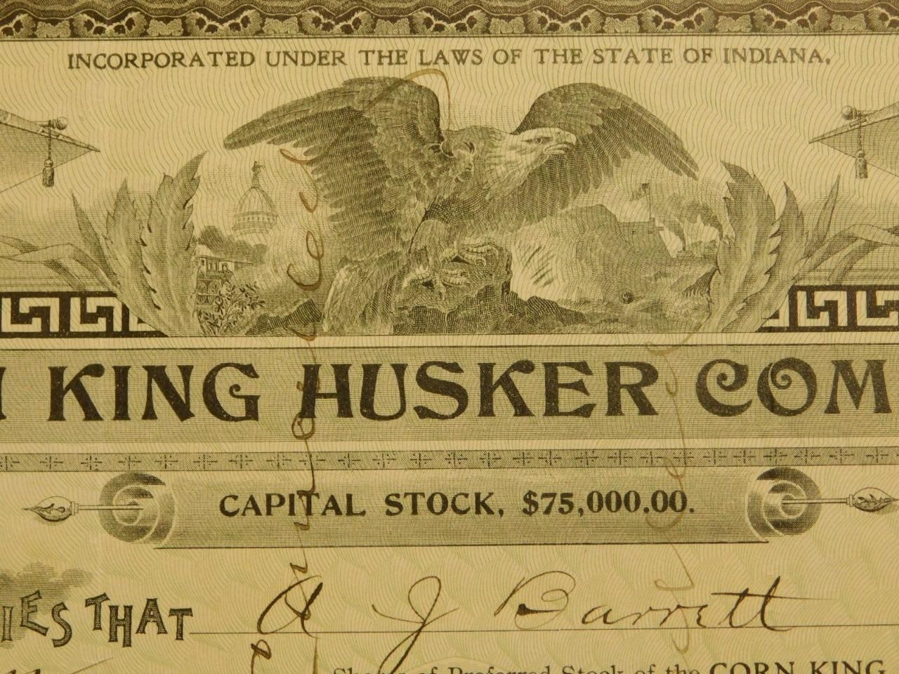 Corn King Husker Co. Rochester Indiana Stock Certificate No. 4 1902 (Shelf-4