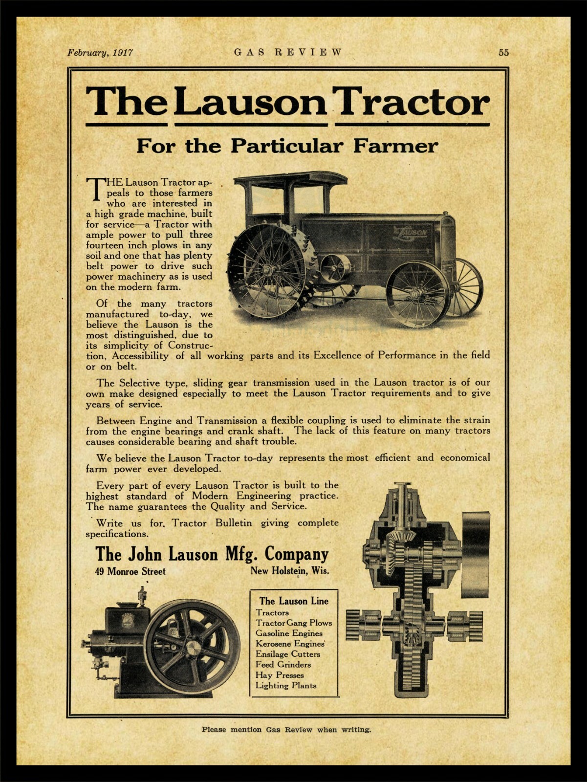 1917 Lauson Tractors & Engines of New Holstein NEW Metal Sign: 12×16 Large Size